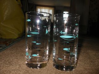 2 Vintage Libbey Glass,  Iced Tea Glasses,  With Blue And Silver Fish Graphics