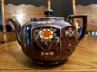 Vintage Brown Ceramic Teapot With Hand Painted Floral Design Made In Japan