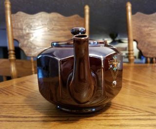 VINTAGE BROWN CERAMIC TEAPOT WITH HAND PAINTED FLORAL DESIGN MADE IN JAPAN 2