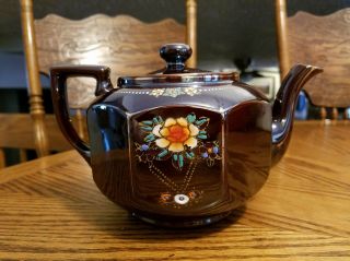 VINTAGE BROWN CERAMIC TEAPOT WITH HAND PAINTED FLORAL DESIGN MADE IN JAPAN 3