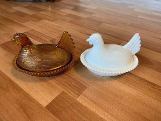 Vintage 7 " Milk White Indiana Glass Hen And Amber Hen Covered Candy Dish