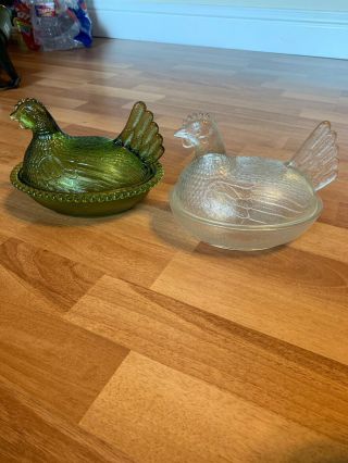 Vintage 7 " Clear Indiana Glass Hen And Green Hen Covered Candy Dish