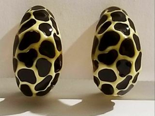 Vintage Kenneth Jay Lane Kjl Black & Tan Enamel Giraffe Print Clip Earrings
