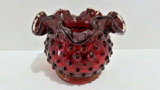 Vintage Fenton Small Red Amberina Hobnail Double Crimped Vase Rose Bowl Ruffled