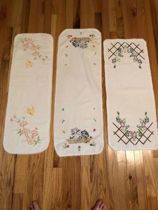 3 Vintage 100 Cotton Table Runners With Embroidery Flowers Cats