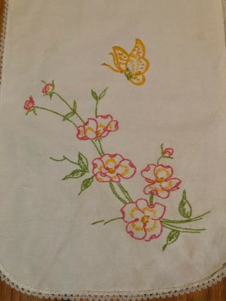 3 Vintage 100 Cotton Table Runners With Embroidery Flowers Cats 2