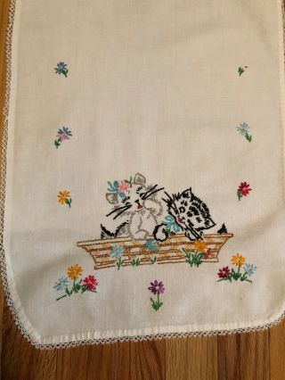 3 Vintage 100 Cotton Table Runners With Embroidery Flowers Cats 3