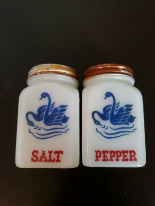 Vintage Tipp City Milk Glass Blue Geese Swans Salt & Pepper Range Set C.  1939 Red