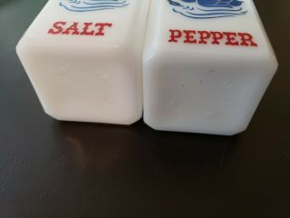Vintage Tipp City Milk Glass Blue Geese Swans Salt & Pepper Range Set c.  1939 Red 3