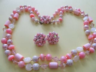 Vintage Japan Pink Art Glass Double Strand Necklace And Pink Cluster Earrings