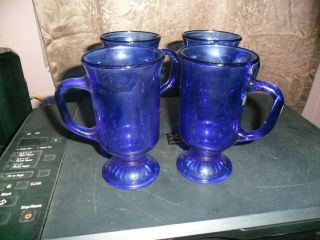 Anchor Hocking Cobalt Blue Glass Irish Coffee Mugs Footed Vintage Set Of 4 Guc