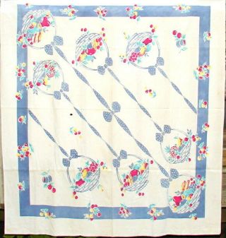 Vintage Tablecloth Faded & Holes 1940s - 50s Era White/blue W Cherries 46 " X 51 "