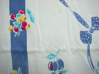 Vintage Tablecloth FADED & HOLES 1940s - 50s era White/Blue w Cherries 46 
