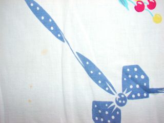Vintage Tablecloth FADED & HOLES 1940s - 50s era White/Blue w Cherries 46 