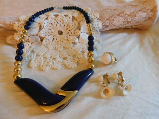 Vintage Jewelry Set Of 3 Napier White Clip On Earrings,  Ring And Navy Necklace