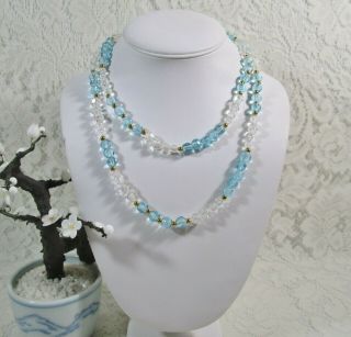 . 99 Vtg Monet 36 " Sky Blue Crystal & Clear Bead Necklace/strand G - Tone Spacers