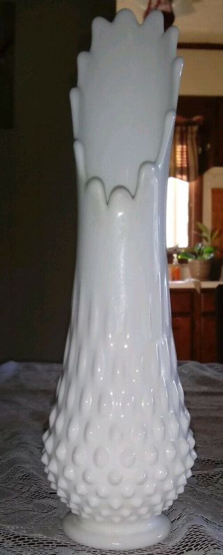 Vintage Ruffled Hobnail Stretch White Milk Glass Vase 12” Tall Pedestal Base
