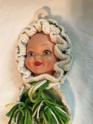 Vintage Crochet Wall Hanger Kitchen Bath Towel Holder Doll Face 3