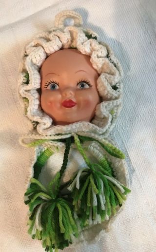Vintage Crochet Wall Hanger Kitchen Bath Towel Holder Doll Face 4