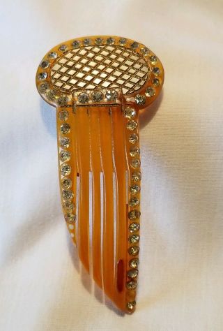 Vintage Celluloid Clear Rhinestone Art Deco Brooch Pin Hair Comb Look