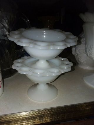 Vtg White Milk Glass Lace Edge Footed Candy Trinket Dish 3 1/4 " Tall