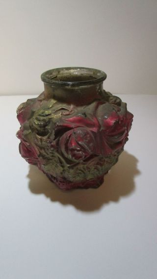 Old Vintage Goofus Glass Indiana Glass Cabbage Rose Dark Red Over Gold Vase