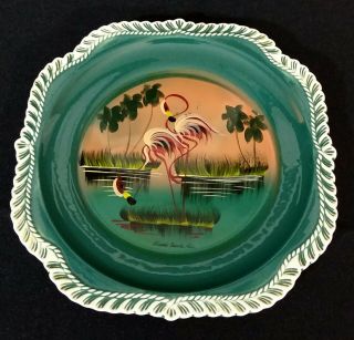 Vintage Harker Ware Pottery Hand Painted Flamingo Miami Fl Plate By Carrile