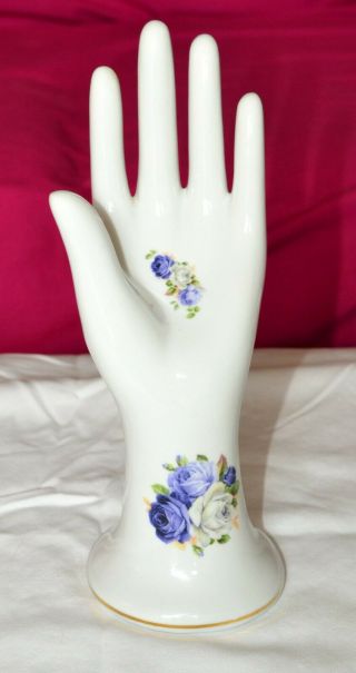 Vintage Ceramic Porcelain Hand Jewelry Holder Display Blue Flower Design