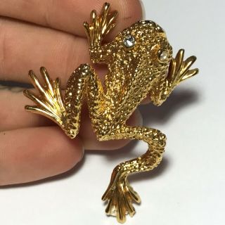 Vtg Designer Gold Tone Rhinestone Frog Fancy Rhinestone Costume Brooch Pin