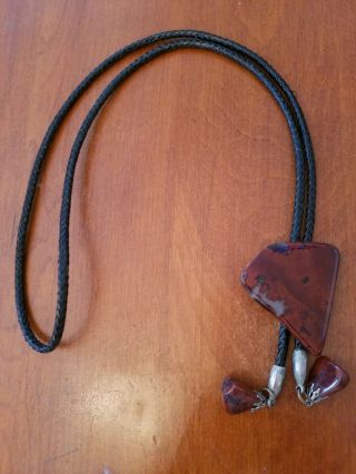 Vintage Black Leather Braid Cord Native Bolo Tie Banded Maroon Brown Stone 2