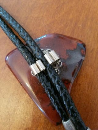 Vintage Black Leather Braid Cord Native Bolo Tie Banded Maroon Brown Stone 3