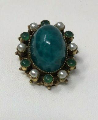 Vintage By Robert Blue Green Cabochon Faux Pearl Brooch