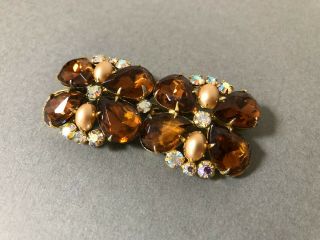 Signed Hobe Vintage Brooch Pin Amber Glass Aurora Borealis Flower Gold Tone 032