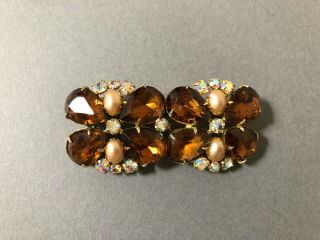Signed HOBE Vintage Brooch Pin Amber Glass Aurora Borealis Flower Gold Tone 032 2