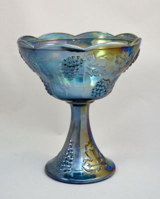 VINTAGE INDIANA BLUE CARNIVAL GLASS COMPOTE HARVEST GRAPES 3