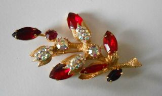 - Lovely Vintage Ab & Red Rhinestone Glass Brooch Pin - 2 3/4 Inches