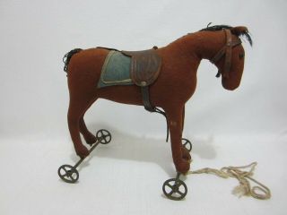 Steiff Or Bing Antique Felt Horse On Cast Iron Metal Wheels W Leather Saddle