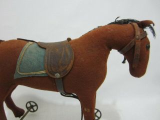 STEIFF or BING Antique Felt Horse on Cast Iron Metal Wheels w Leather Saddle 2