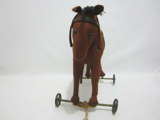STEIFF or BING Antique Felt Horse on Cast Iron Metal Wheels w Leather Saddle 3