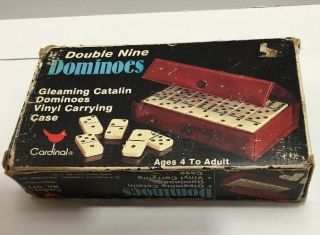 Vintage Double Nine Dominoes By Cardinal Gleaming Catalin Dominoes In Red Case