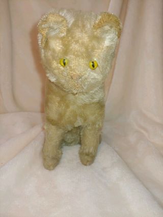 Vintage Early Antique Steiff Mohair Sitting Cat C.  1920 Yellow Glass Eyes 18cm