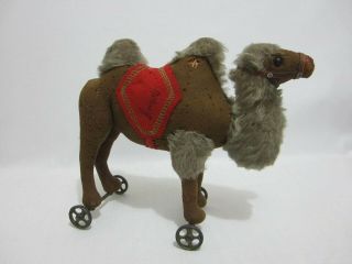 Steiff Antique Felt Camel On Cast Iron Wheels Red Felt Saddle Blanket Signed