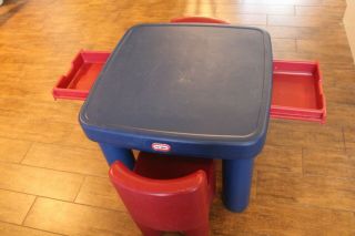 Vintage Little Tikes Table And Chairs - Two Red Chairs With Blue Table - Handy