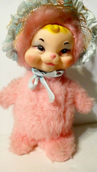 Vintage Rushton Rubber Face Bunny Rabbit 12 " Pink Bunny W/ Bonnet
