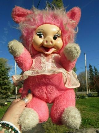 Vintage Rubber Plastic Face Plush Rare Pink Pig Toy 15 " Teddy Bear Rushton Gund