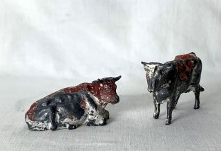 2 Vintage Britains Era Painted Lead Cows Cattle One Standing Other Laying Down