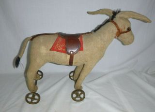 Antique Vtg Early 1900 ' s Steiff Donkey On Metal Wheels Pull Toy W/ Button 2