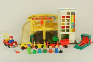 Vintage Fisher Price Parking Gas Station Service Center Fire Truck People Train