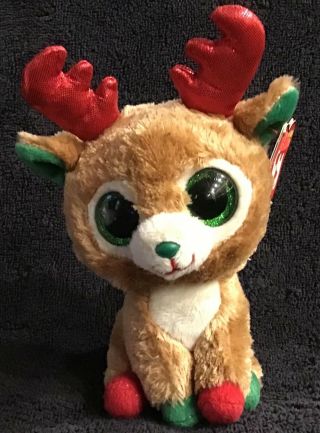 Ty Beanie Boos Alpine The Reindeer 6 " Inch Red Antlers Green Glitter Eyes