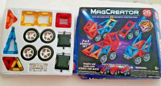 In Open Box Magcreator 26 Piece 7 In 1 Vehicle Set 3d Shapes Connect W Magnets